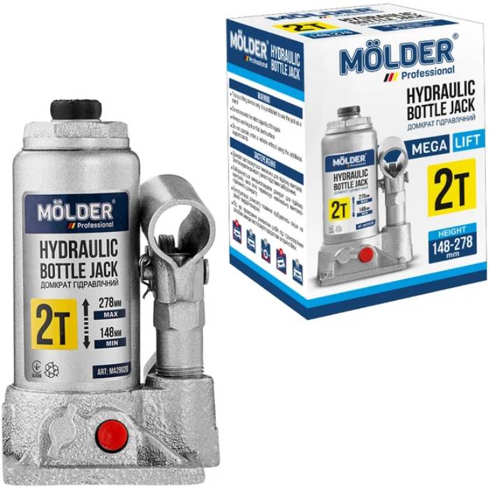 Домкрат MOLDER 148-278 мм 2 т (MA29020) Особливості Вид – гідравлічні; тип конструкції – пляшкові; вантажопідйомність = 2 т; мінімальна висота підйому – 148 мм; максимальна висота підйому – 278 мм