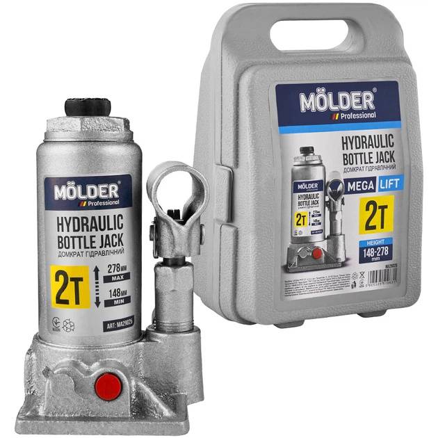 Домкрат MOLDER 148-278 мм 2 т у кейсі (MA29025) Особливості Вид – гідравлічні; тип конструкції – пляшкові; вантажопідйомність = 2 т; мінімальна висота підйому – 148 мм; максимальна висота підйому – 278 мм