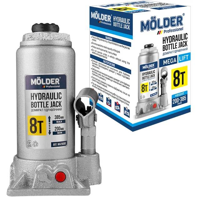 Домкрат MOLDER 200-385 мм 8 т (MA29080) Особливості Вид – гідравлічні; тип конструкції – пляшкові; вантажопідйомність – 8 т; мінімальна висота підйому – 200 мм; максимальна висота підйому – 385 мм