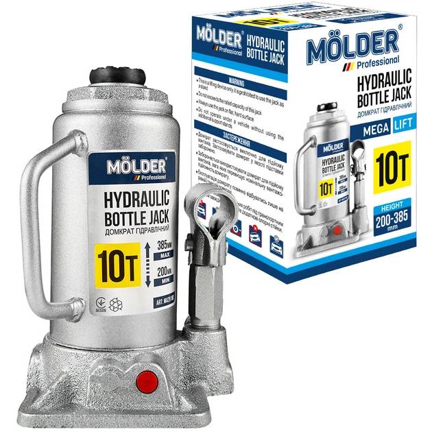 Домкрат MOLDER 200-385 мм 10 т (MA29100) Особливості Вид – гідравлічні; тип конструкції – пляшкові; вантажопідйомність – 10 т; мінімальна висота підйому – 200 мм; максимальна висота підйому – 385 мм