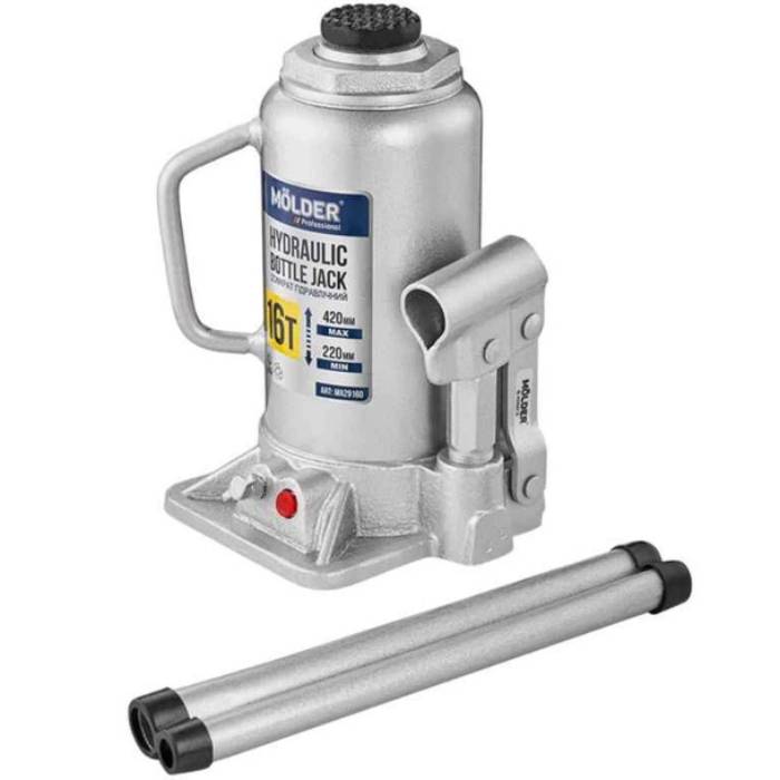 Домкрат MOLDER 220-420 мм 16 т (MA29160) Особливості Вид – гідравлічні; тип конструкції – пляшкові; вантажопідйомність – 16 т; мінімальна висота підйому – 220 мм; максимальна висота підйому – 420 мм