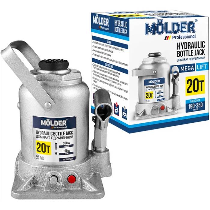 Домкрат MOLDER 190-350 мм 20 т (MA29200) Особливості Вид – гідравлічні; тип конструкції – пляшкові; вантажопідйомність – 20 т; мінімальна висота підйому – 190 мм; максимальна висота підйому – 350 мм
