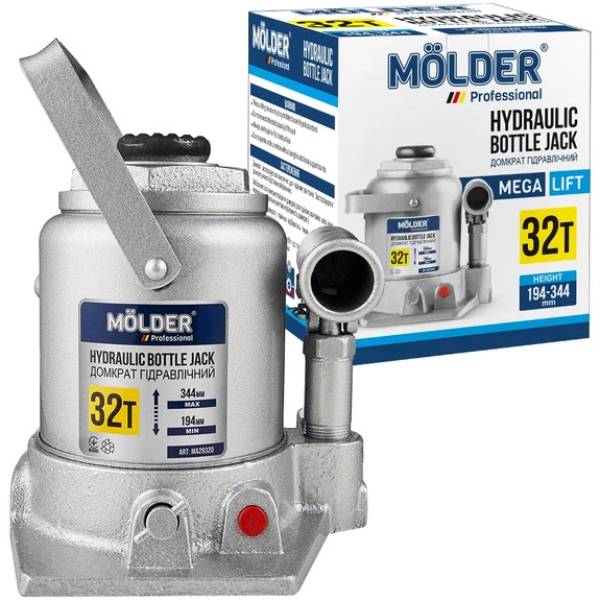 Домкрат MOLDER 194-344 мм 32 т (MA29320) Особливості Вид – гідравлічні; тип конструкції – пляшкові; вантажопідйомність – 32 т; мінімальна висота підйому – 194 мм; максимальна висота підйому – 344 мм