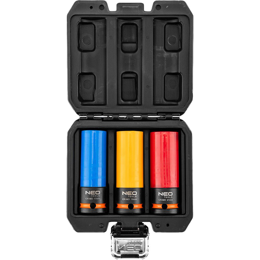 Набор торцевых головок NEO TOOLS  1/2", 17,19,21 мм (12-350) Особенности Тефлоновый фланец для предотвращения царапин дисков; Кейс; Размер квадрата: 1/2"