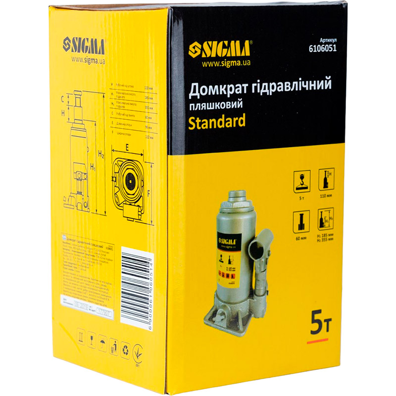 Домкрат гідравлічний пляшковий SIGMA Standard 5т H 185-355 мм (6106051) Тип домкрат