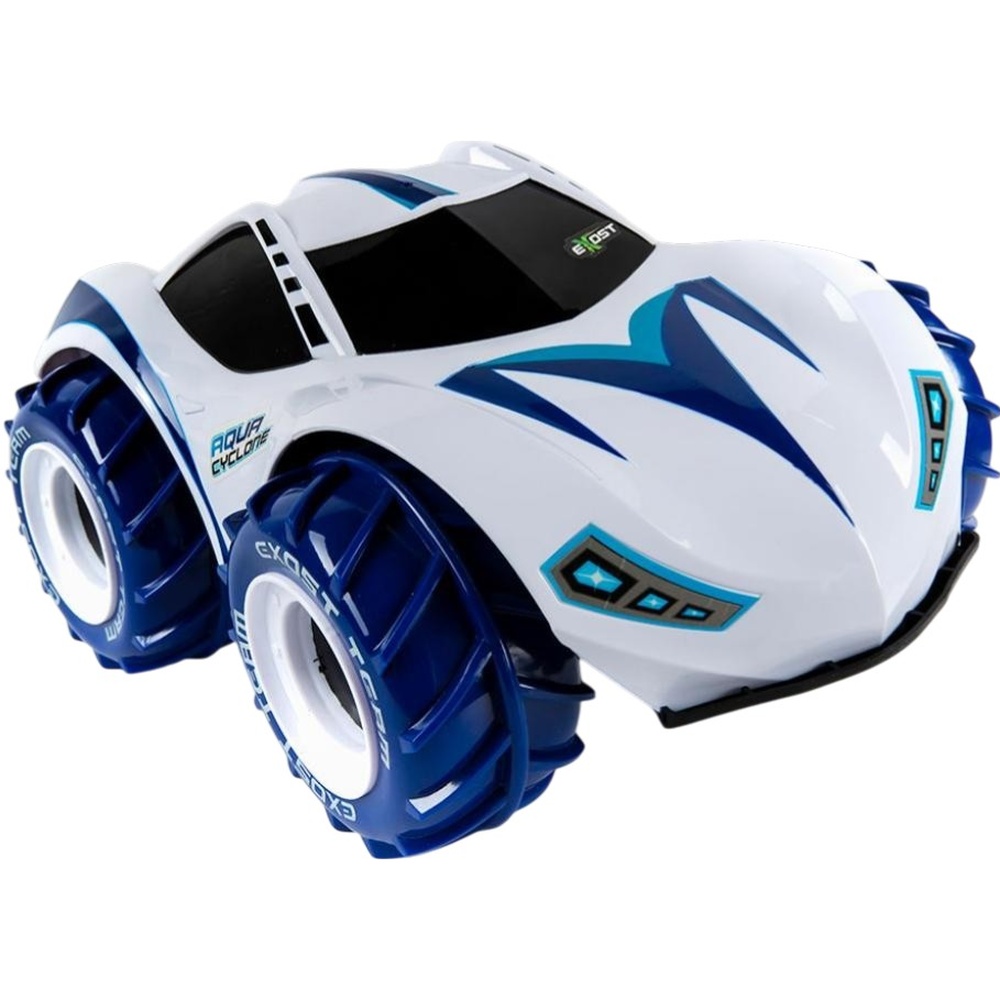 Машинка на р/у Silverlit Aqua Cyclone 1:10 2.4 ГГц (20125) Дополнительно ездит по дороге, гравию, песку, траве, снегу; плывет в воде; внедорожные шины с рельефным протектором; водостойкий задний щиток; вращение