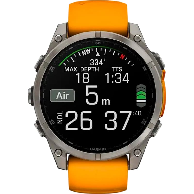 Зовнішній вигляд Смарт-годинник GARMIN Fenix 8 Amoled 47mm Sapphire Titanium with Spark Orange/Graphite Silicone Band (010-02904-11)