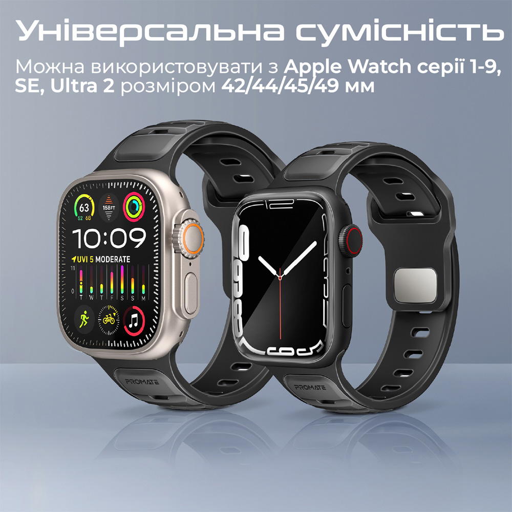 Внешний вид Ремешок PROMATE SiliBand-DC для Apple Watch серии 1-9 SE Ultra 2 Black (siliband-dc.black)