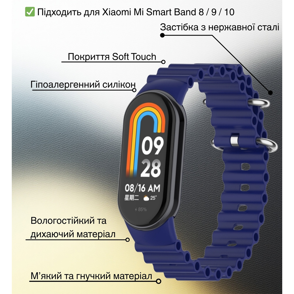 Внешний вид Ремешок BECOVER Wave Style для Xiaomi Mi Smart Band 8/9/10 Deep Blue (714352)