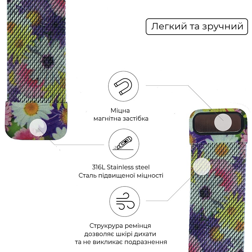 Браслет ArmorStandart Milanese Loop для Apple Watch All Series 42/44/45/49mm Flower Daisy (ARM52966) Сумісність Apple Watch 5 42mm/44mm, Apple Watch 3 42mm/44mm, Apple Watch SE 2022 44mm, Apple Watch SE 2020 42mm/44mm, Apple Watch 442mm/44mm, Apple Watch 444mm, Apple Watch 8 45mm 45mm, Apple Watch Ultra 49mm