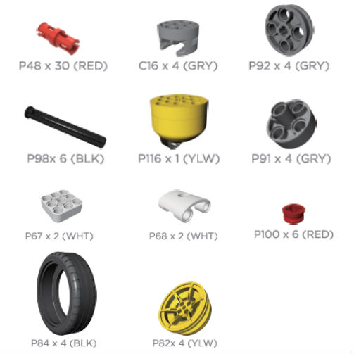 Набір для розширення UBTECH JIMU ACCESSORY KIT - WHEELS Комплектація Набор для апгрейда "Колесный". 67 быстро сборных замковых частей и соединителей, включая 4 колеса с резиновыми покрышками и одного моноколеса