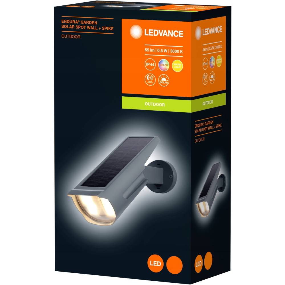 Світильник садовий LEDVANCE із сонячною панеллю Spot RGBW Endura (4058075564169) Додатково Клас захисту IP: IP44; потужність: 0.5 Вт; світловий потік: 50 Лм; термін служби: 25000 год; із вбудованим джерелом світла; робоча температура експлуатації: від -20 до +40 ° С; матеріал: пластик; хімічний тип акумулятора: Ni-MH