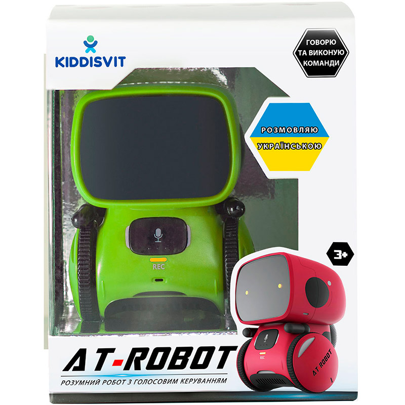 Інтерактивний робот AT-ROBOT Green (AT001-02-UKR) Додатково танцює під 12 веселих мелодій; записує і відтворює голосові повідомлення, може записати 3 фрази; взаємодіє з людьми за допомогою 3 сенсорних датчиків