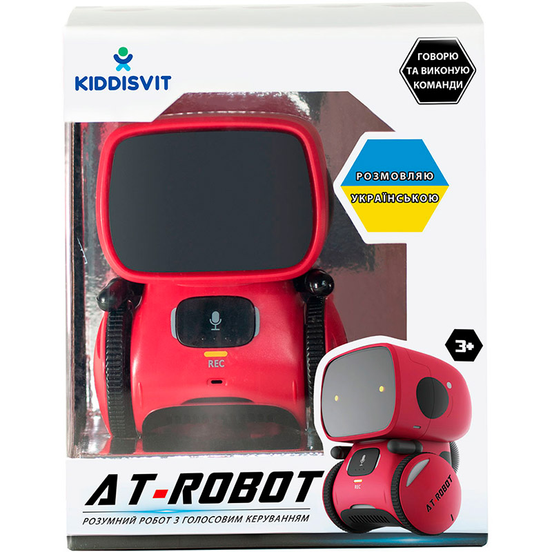 Інтерактивний робот AT-ROBOT Red (AT001-01-UKR) Додатково танцює під 12 веселих мелодій; записує і відтворює голосові повідомлення, може записати 3 фрази; взаємодіє з людьми за допомогою 3 сенсорних датчиків