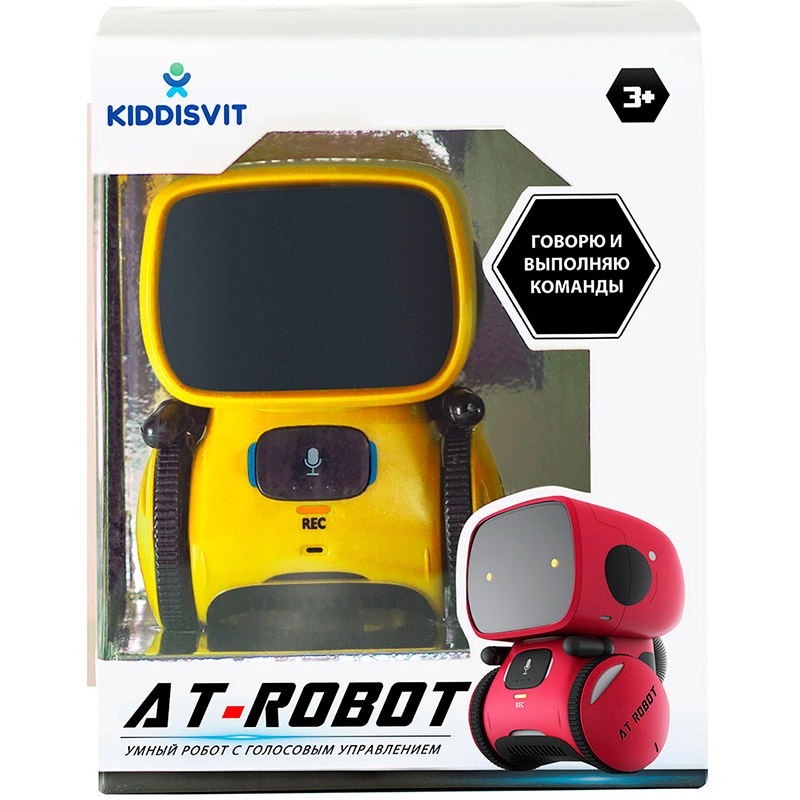 Интерактивный робот AT-ROBOT Yellow (AT001-03) Дополнительно танцует под 12 веселых мелодий; записывает и воспроизводит голосовые сообщения, может записать 3 фразы; взаимодействует с людьми с помощью 3 сенсорных датчиков