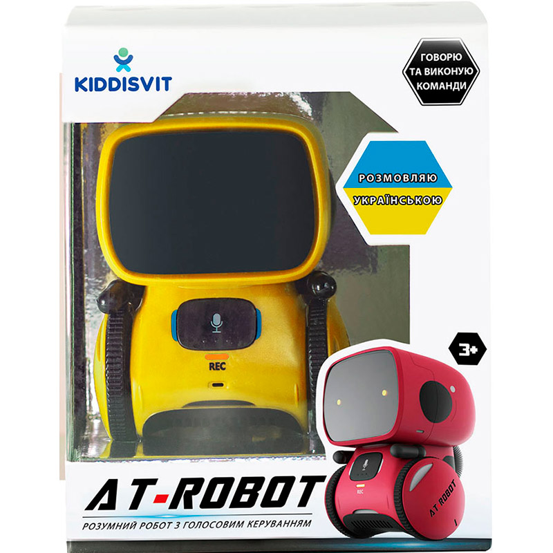 Інтерактивний робот AT-ROBOT Yellow (AT001-03-UKR) Додатково танцює під 12 веселих мелодій; записує і відтворює голосові повідомлення, може записати 3 фрази; взаємодіє з людьми за допомогою 3 сенсорних датчиків