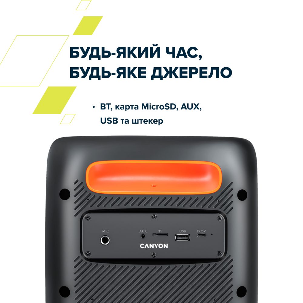Зовнішній вигляд Портативна акустика CANYON OnFun 5 Partybox 40W RGB Black (CNE-PBSP5)