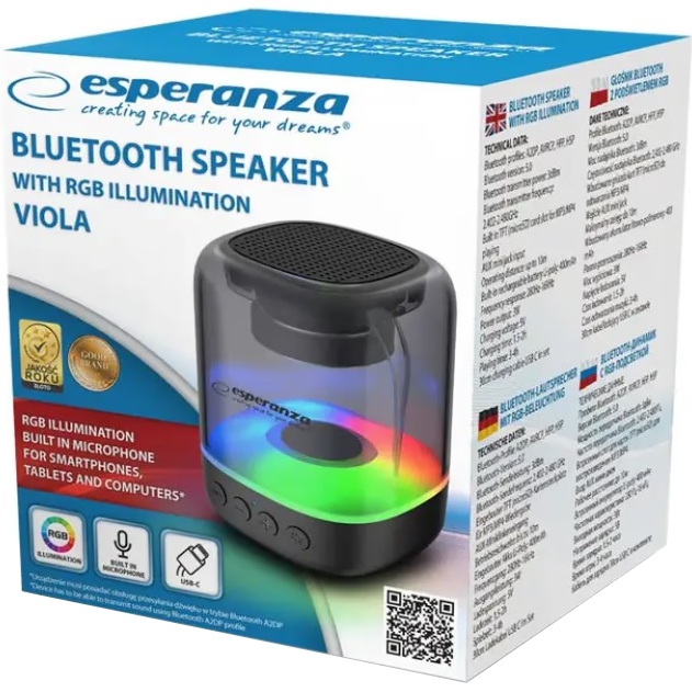 Портативная акустика ESPERANZA Bluetooth RGB Illuminated FM Viola (EP154) Мощность 3