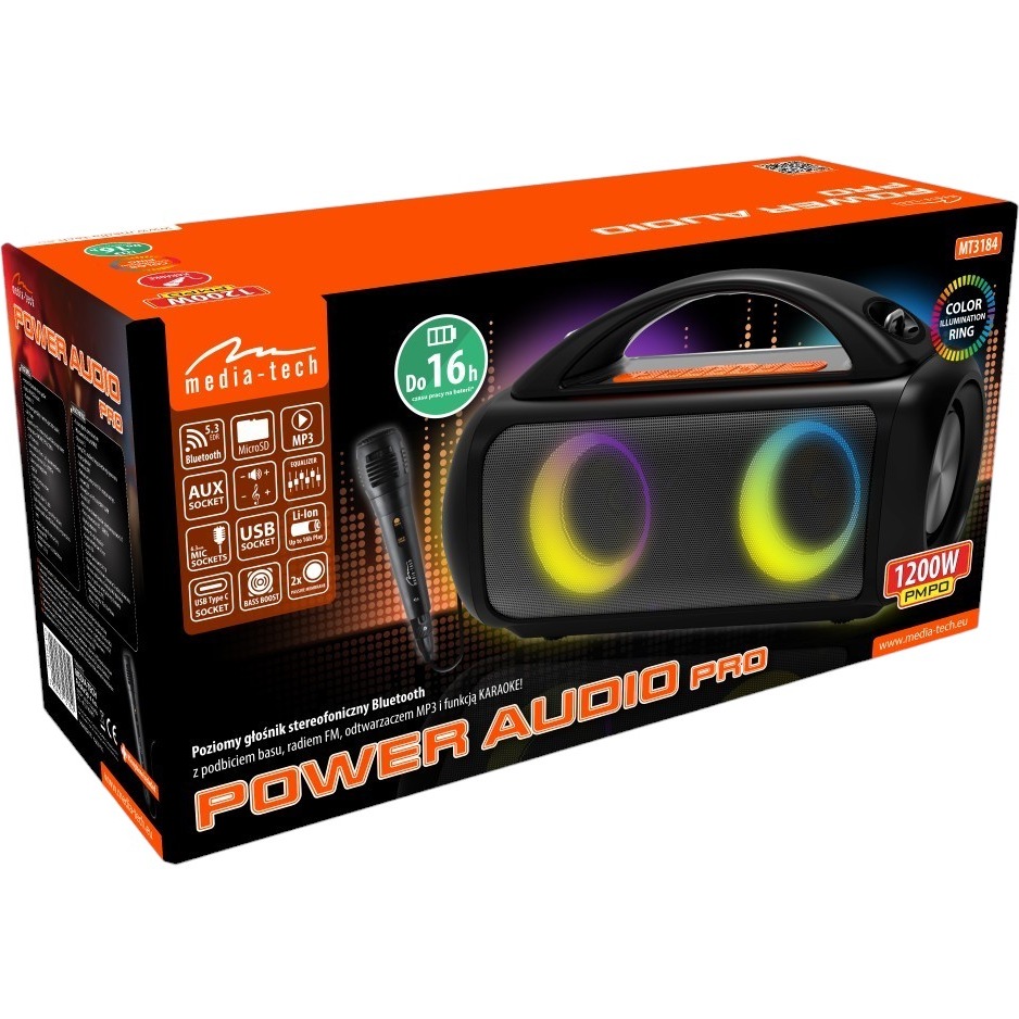 Зовнішній вигляд Портативна акустика MEDIA-TECH POWER AUDIO PRO MT3184 із мікрофоном Black