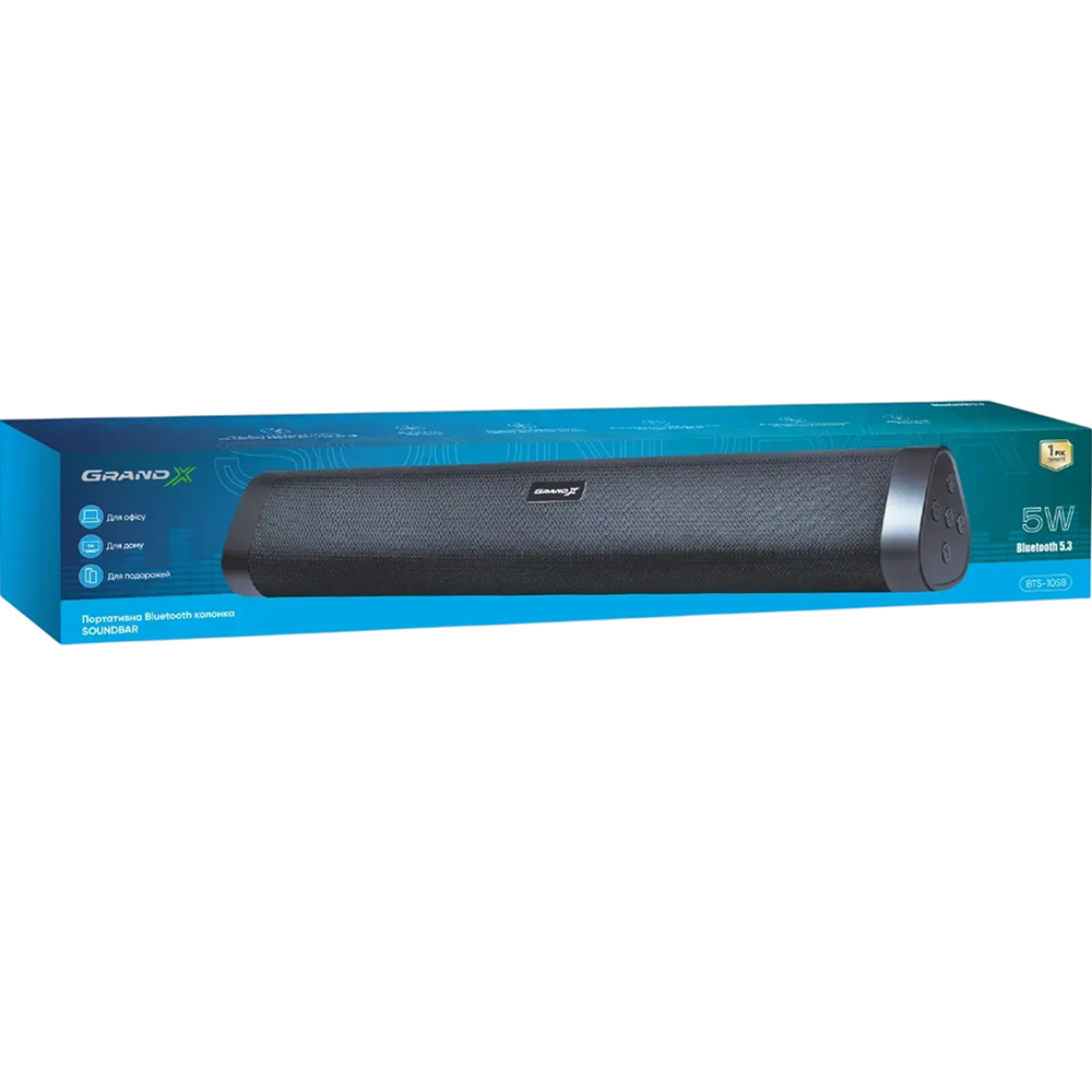 Портативна акустика GRAND-X Soundbar Bluetooth 10 Вт Black (BTS-10SB) Додатково чіп Bluetooth: JL6965E4; робоча частота Bluetooth: 2.402 GHz – 2.480 GHz; підтримка BT профілів: A2DP, AVRCP, HFP, HSP; декодування Bluetooth: SBC; імпеданс динаміка: 3 Ом; чутливість: 86 дБм