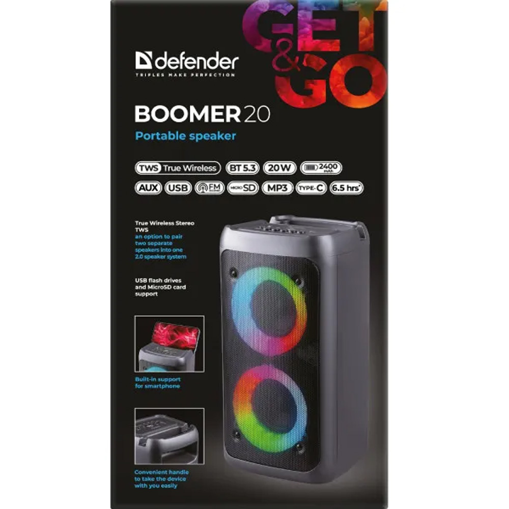 Портативна акустика DEFENDER Boomer 20 Black (65820) Зовнішній вигляд Портативна акустика DEFENDER Boomer 20 Black (65820)