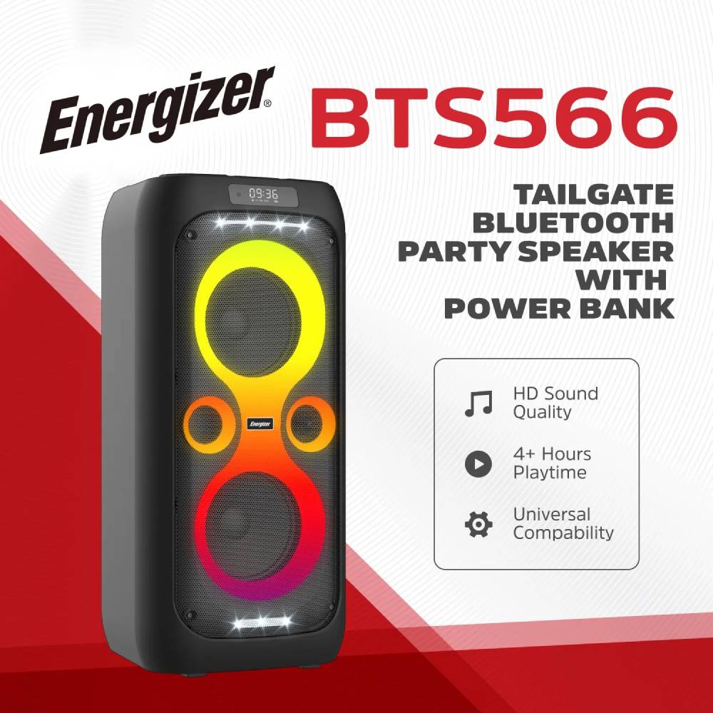 Портативна акустика ENERGIZER 50Вт Black (BTS566) Додатково Час роботи: 2 години 15 хвилин при 100% гучності, 6 годин при 50% гучності