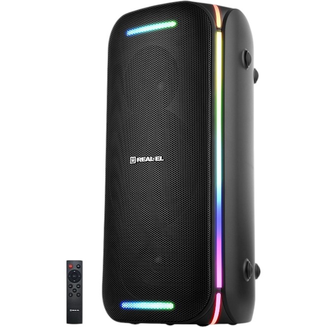Портативная акустика REAL EL X-775 Black (EL121600032) Дополнительно Режим усиления баса; Динамики: Ø 6.5″ (165 мм) + 2 х Ø 3.5″ (89 мм); Вход для микрофона с регулировкой громкости и эффектом эхо; Питание: USB Type C/5 V DC, 2 А