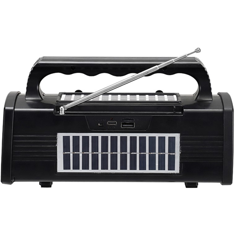 Портативна акустика NEWVEW NV-9010 Black (NWVW-NV-9010-BK) Додатково дві сонячні панелі для автономної підзарядки, великий бічний ліхтар для освітлення, зовнішня антена для кращого прийому радіо, зручна ручка для перенесення