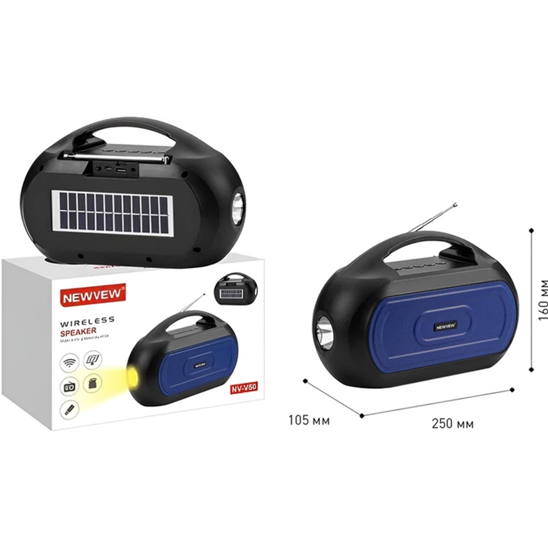 Портативна акустика NEWVEW NV-V50 Solar Panel/BT/USB/TF/FM/AUX Blue (NWVW-NV-V50-BL) Потужність 8