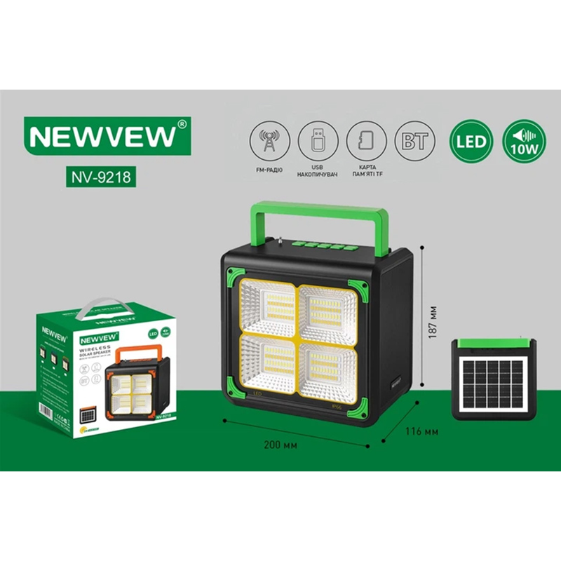 Портативна акустика NEWVEW NV-9218 Solar Panel/BT/USB/TF/FM Green (NWVW-NV-9218-GN) Потужність 10