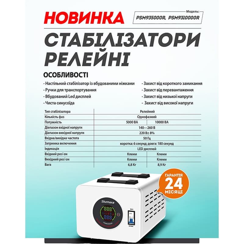 Стабилизатор напряжения STURMAX PSM935000R LED 5000 ВA Тип релейный