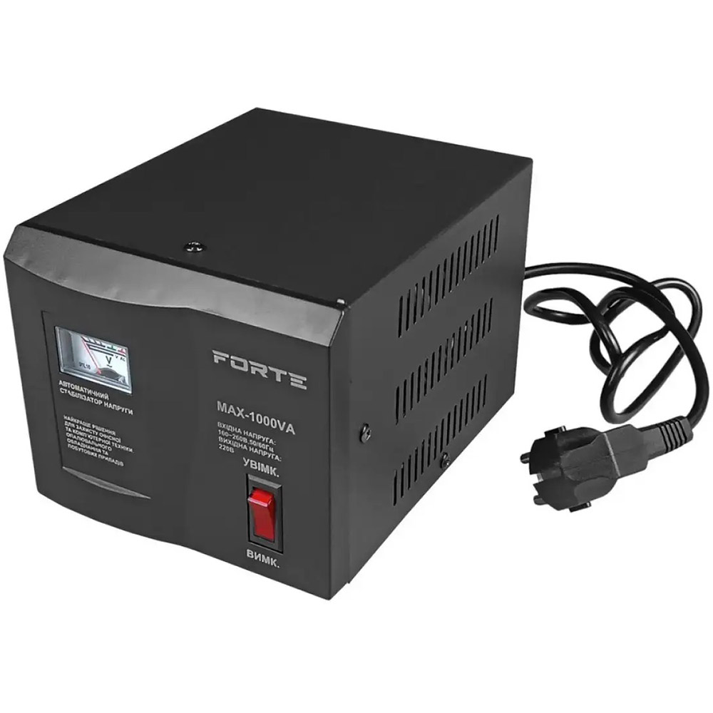 Стабилизатор напряжения FORTE MAX-1000VA (42062) Стабилизатор напряжения FORTE MAX-1000VA (42062) Выходная мощность на фазу при входном напряжении 220 В  1000