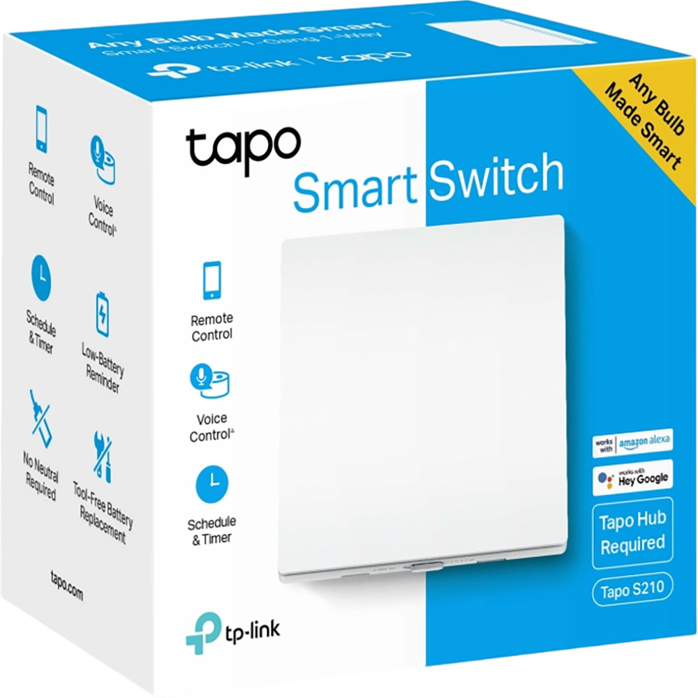 Вимикач TP-LINK Tapo S210 (TAPO-S210) Додатково Одноканальний вимикач; Голосове керування; Управління зі смартфона; Робоча вологість: 10% ~ 90% RH без конденсату; Потрібен Tapo Hub;