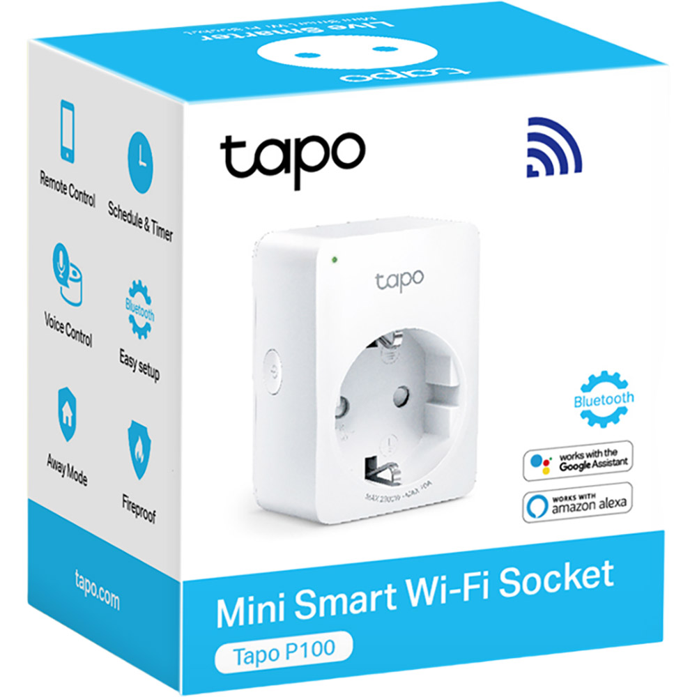 Розумна розетка TP-LINK Tapo P100 N300 10A (TAPO-P100-1-PACK) Додатково Працює на частоті Wi-Fi – 2,4 ГГц; Протокол IEEE 802.11b/g/n, Bluetooth 4.2 (тільки для сполучення)