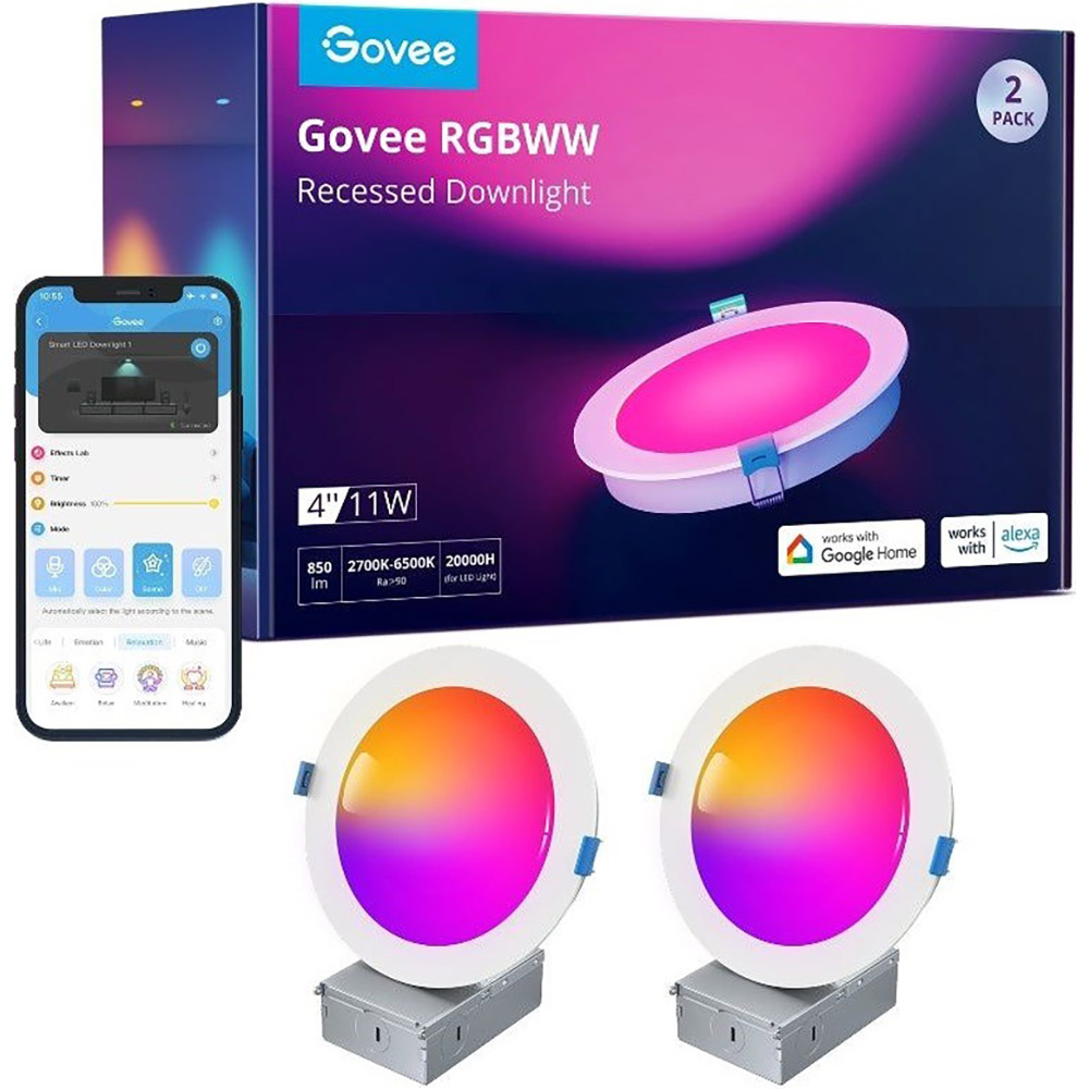 Набір розумних світильників GOVEE B601B Smart LED Recessed Lights 2шт (B601B3C1) Додатково Колірна температура: 2700 К – 6500 K; Світловий потік: 850 Лм; Колір світіння: RGBWW; 65 сюжетних режимів;