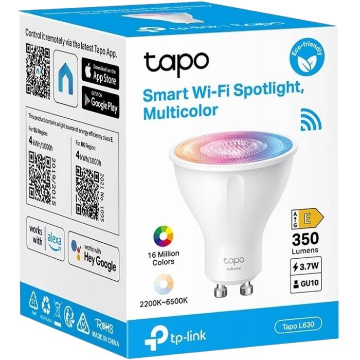 Розумна лампа TP-LINK Wi-Fi Tapo L630 N300 GU10 (TAPO-L630) Додатково Регулювання колірної температури; з дистанційним керуванням; температура кольору, K -: 2500-6500; кут розсіювання – 40; індекс кольору, Ra - 80; тип цоколя – GU10; світловий потік Lm – 305; номінальна потужність, Вт – 3,7; аналог ЛОН, Вт – 50.