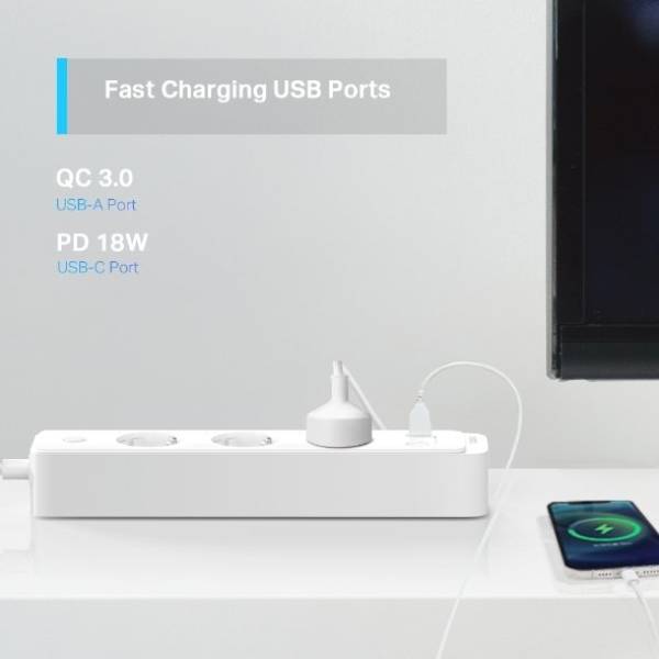 Фото Розумний подовжувач TP-LINK Wi-Fi P300 N300 BT 10A 2300W 3xSchuko 2xUSB 3.0 PD QC3.0 (TAPO-P300)