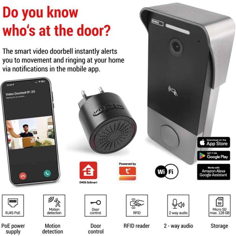 Розумний відеодзвінок EMOS H4033 Сумісність Android та iOS; Голосові команди через Amazon Alexa та Google Assistant