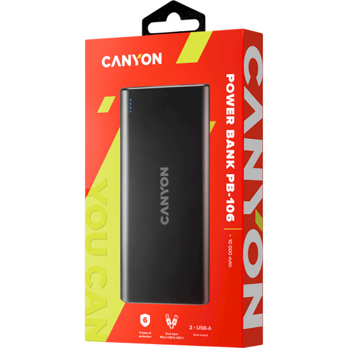 Powerbank CANYON PB-106 10000mAh Black (CNE-CPB1006B) Вхідний роз'єм micro-USB, USB Type-C