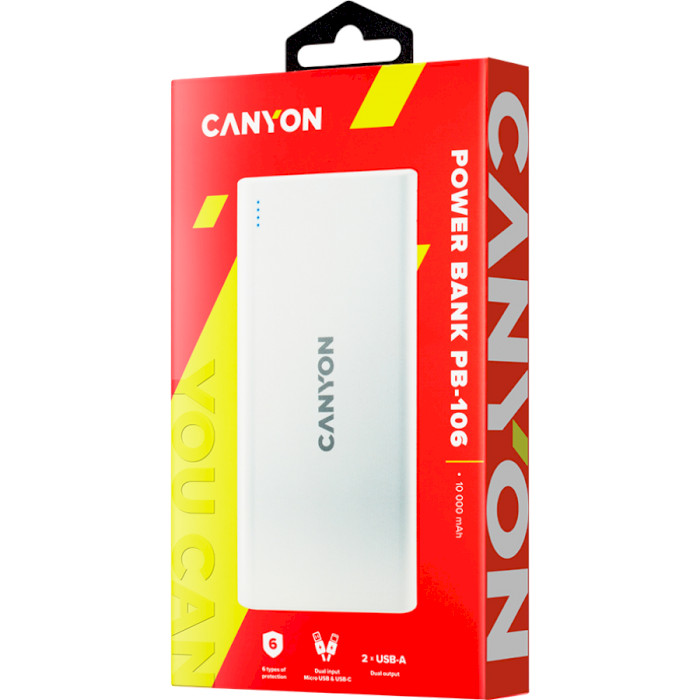 Powerbank CANYON PB-106 10000mAh White (CNE-CPB1006W) Входной разъем micro-USB, USB Type-C