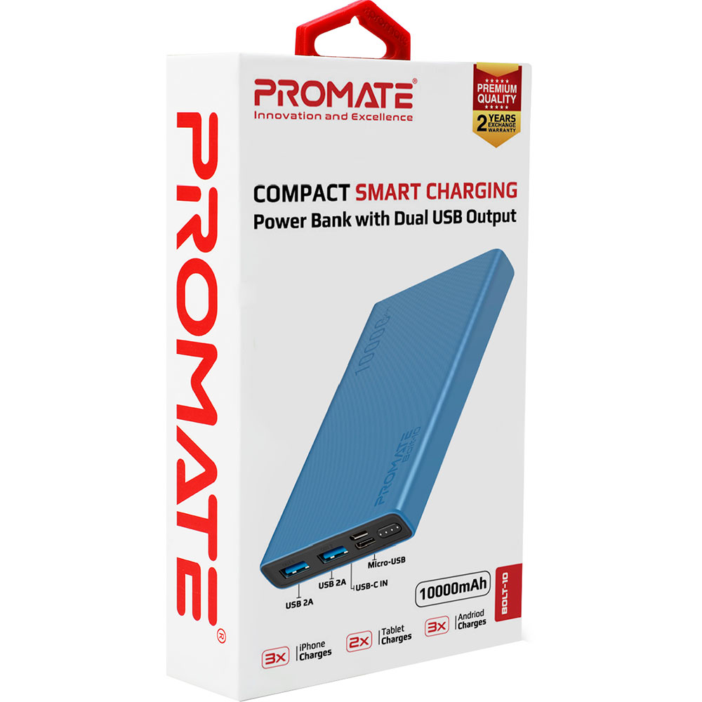 Powerbank PROMATE Bolt-10 10000mAh Blue (bolt-10.blue) Комплектація  micro-USB кабель для підзарядки (20 см)