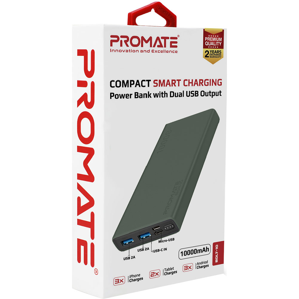 Powerbank PROMATE Bolt-10 10000mAh Midnight Green (bolt-10.midnightgreen) Комплектация  Micro-USB кабель для подзарядки (20 см)