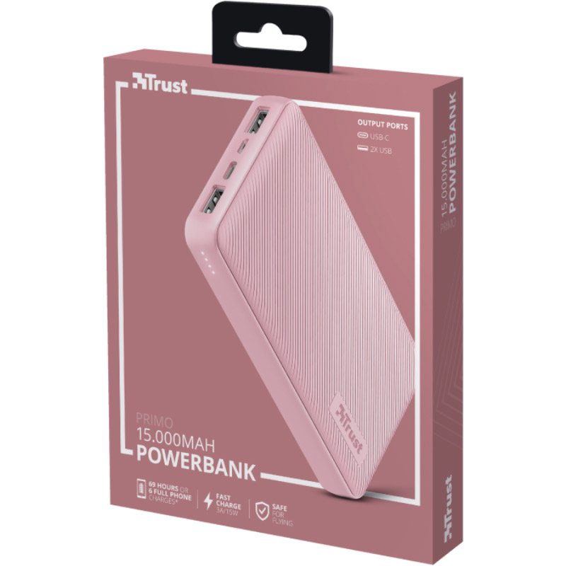 Зовнішній вигляд Powerbank TRUST PRIMO Compact 15000 mAh Pink (23901)