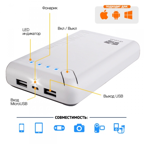 Powerbank DROBAK Power-10000 White (606806) Тип аккумулятора Li-Ion