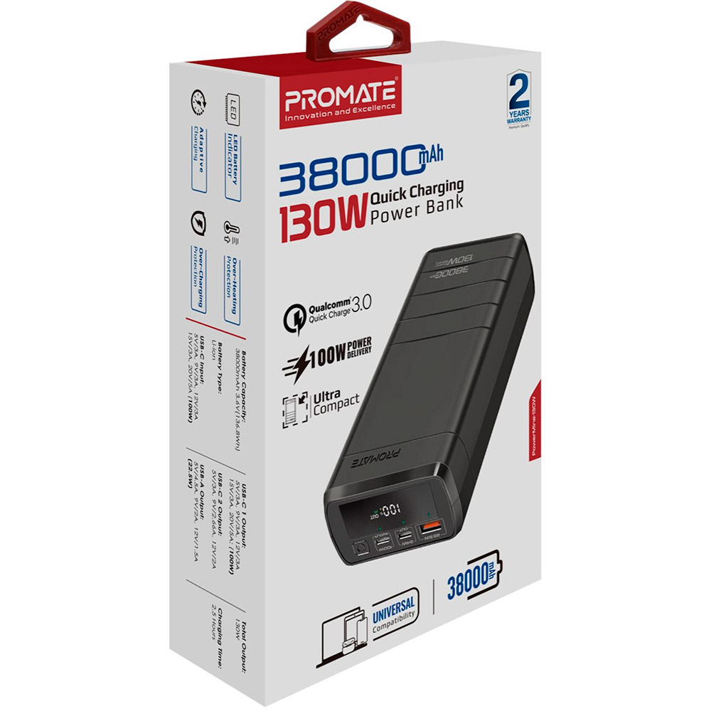 Фото Powerbank Promate PowerMine-130W 38000 mAh 2 х USB-З Power Delivery USB-A Q C3.0 Black (powermine-130.black)