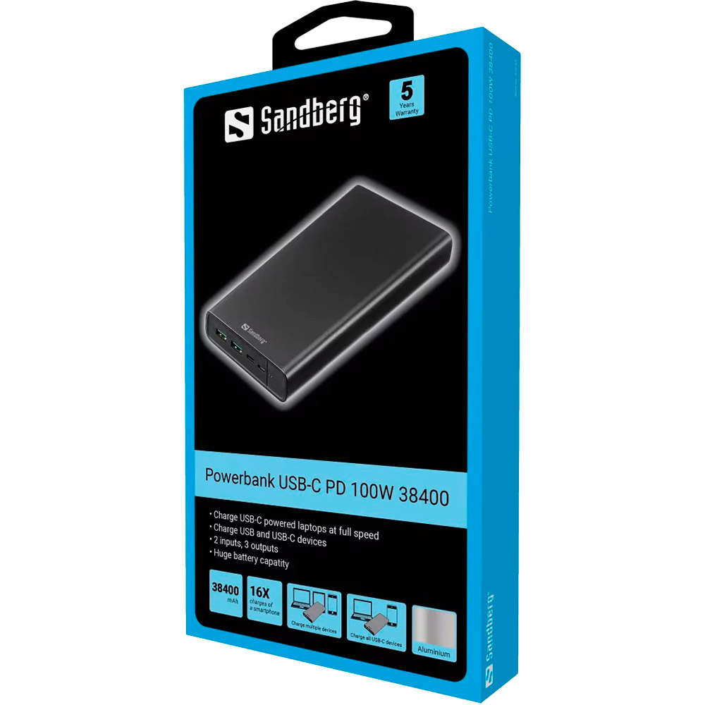 Powerbank Sandberg PD 100W 5A 38400 mAh Black (420-63) Комплектация  кабель USB-C на USB-C, 100 Вт, 50 см; кабель Micro USB, 30 см; Краткое руководство