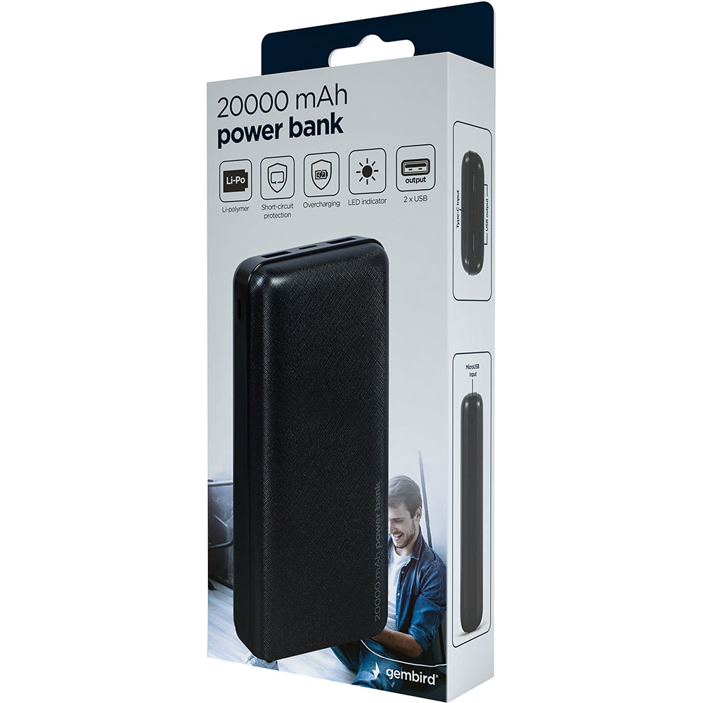 Powerbank GEMBIRD PB20-02 20000 мАч Black Вхідний роз'єм micro-USB, USB Type-C