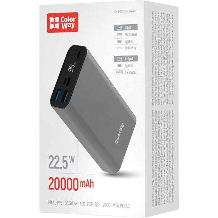 Заказать Powerbank COLORWAY 20000 mAh Full Gray (CW-PB200LPH3GR-PDD)