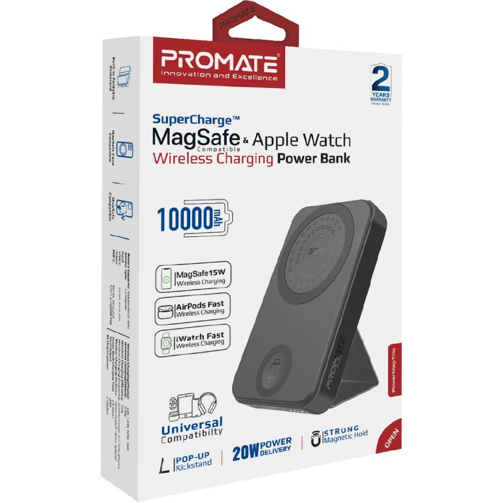 Powerbank PROMATE 10000mAh (powermag-trio.black) Комплектация  powerbank, USB-C to USB-C кабель (40 см), Руководство пользователя