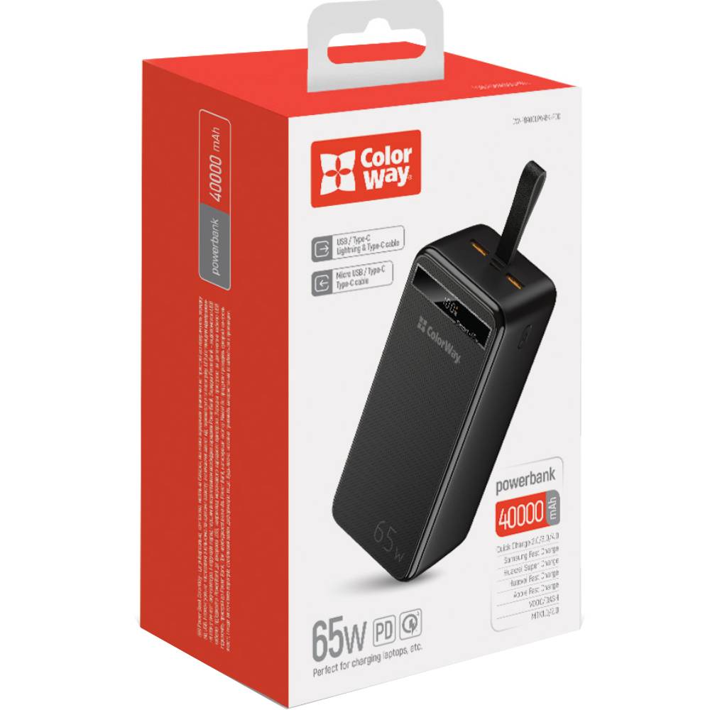 Powerbank COLORWAY 40000 mAh Powerful Black (CW-PB400LPA4BK-PDD) Вхідний роз'єм micro-USB, USB Type-C